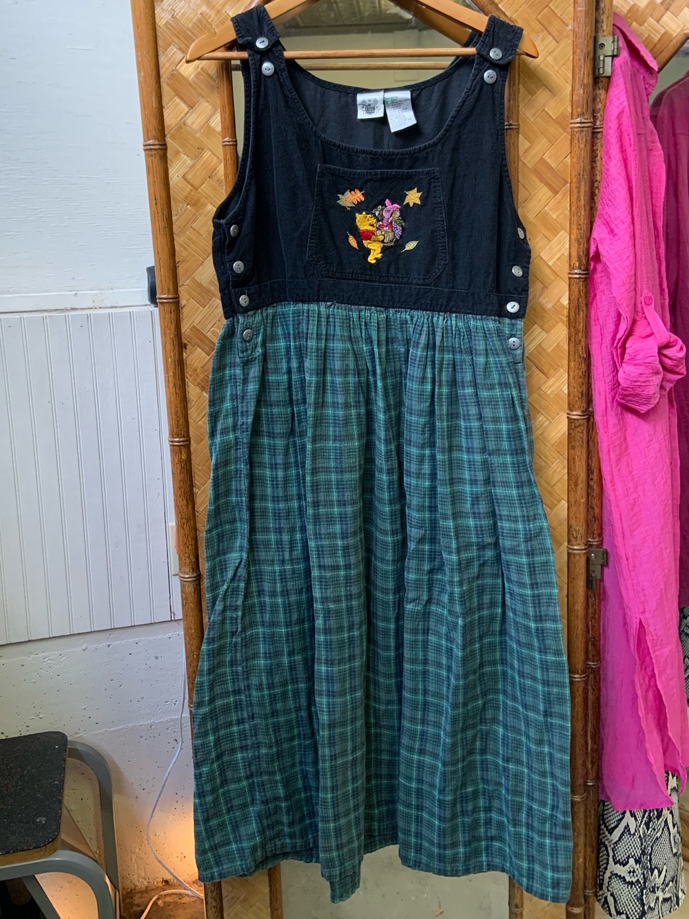 Vintage Disney Black Bodice Green Plaid Embroidered Pinafore Dress